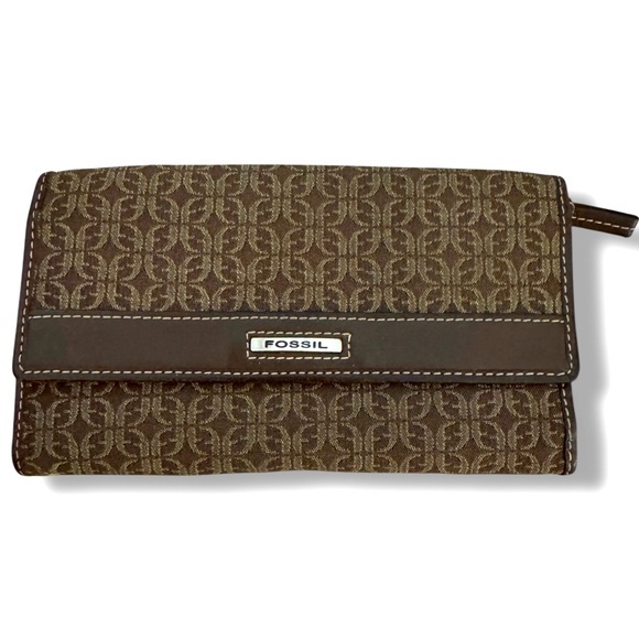 Fossil Tri-Fold Brown Leather Brown Letter F Fabric Signature Checkbook Wallet - Picture 1 of 5
